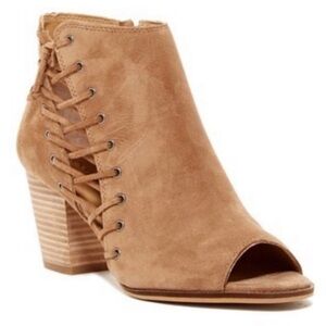 LUCKY Brand Hartley Peep Toe Suede Bootie Lace Up Side Tan SZ 8.5